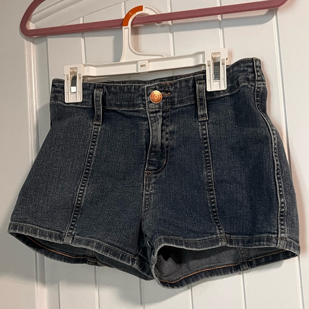 High rise blue jean shorts.